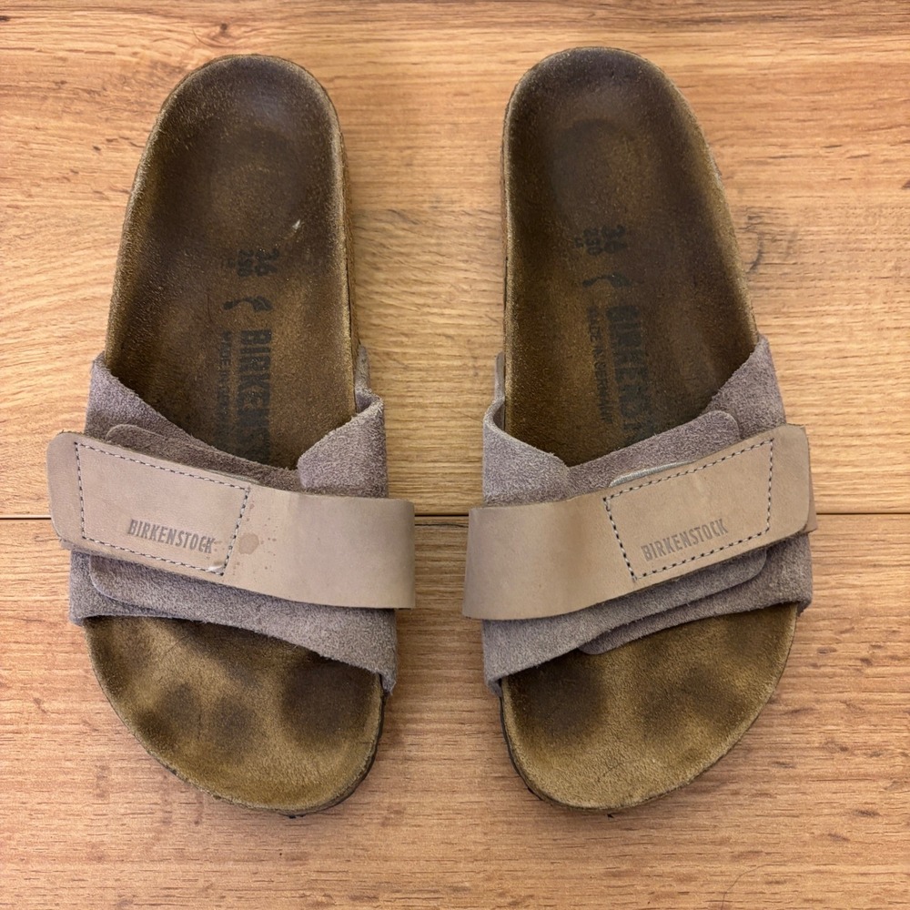 BIRKENSTOCK Oita Slide Sandals Size 36 Suede Leather Taupe Gray Casual Slip On